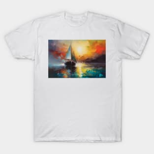 Seascape with a lonely sailboat at sunset. T-Shirt